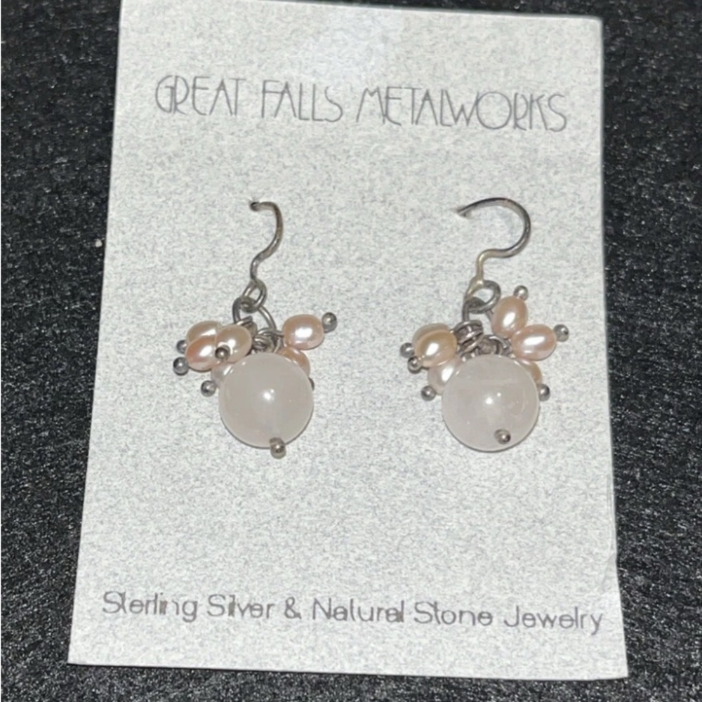 Pink Quartz & Pearl Dangle Earrings Great Falls Metalworks